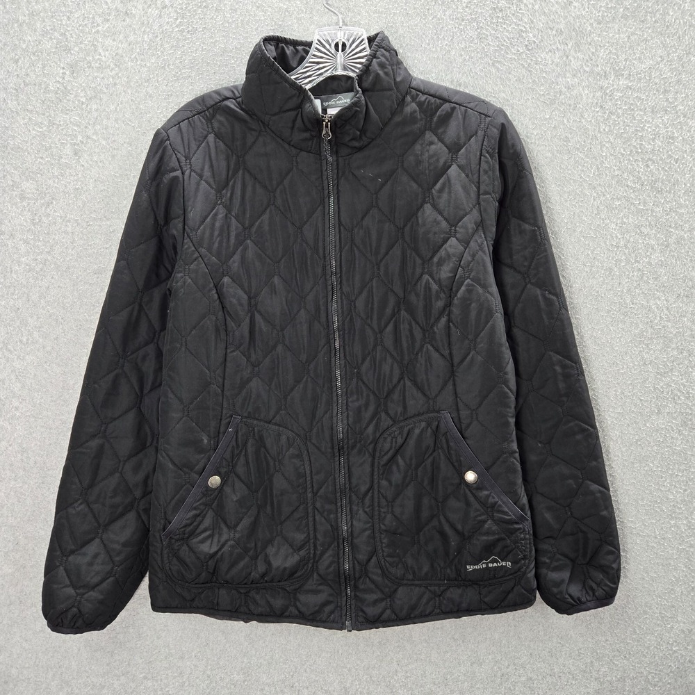 Eddie Bauer Women Jacket Medium Black Puffer Quilted Full Zip Long Sleeve Mock
